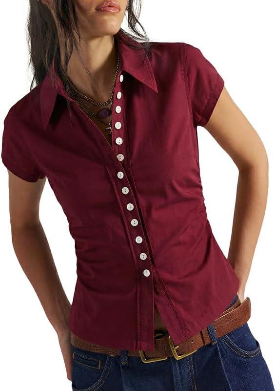 Women's Short Sleeve Button Down Shirt Summer Collared Blouse Trendy Casual Tops 2026 (L)