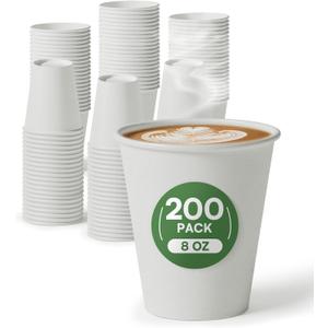 Small Paper Cups 8 oz Coffee Cups Disposable, 200 Pack Leak Proof Hot Cups, 300GSM Thickened White Disposable Cups, Unbleached Small Drink Cups for Everyday Office Coffee Bar Supply Party Essentials