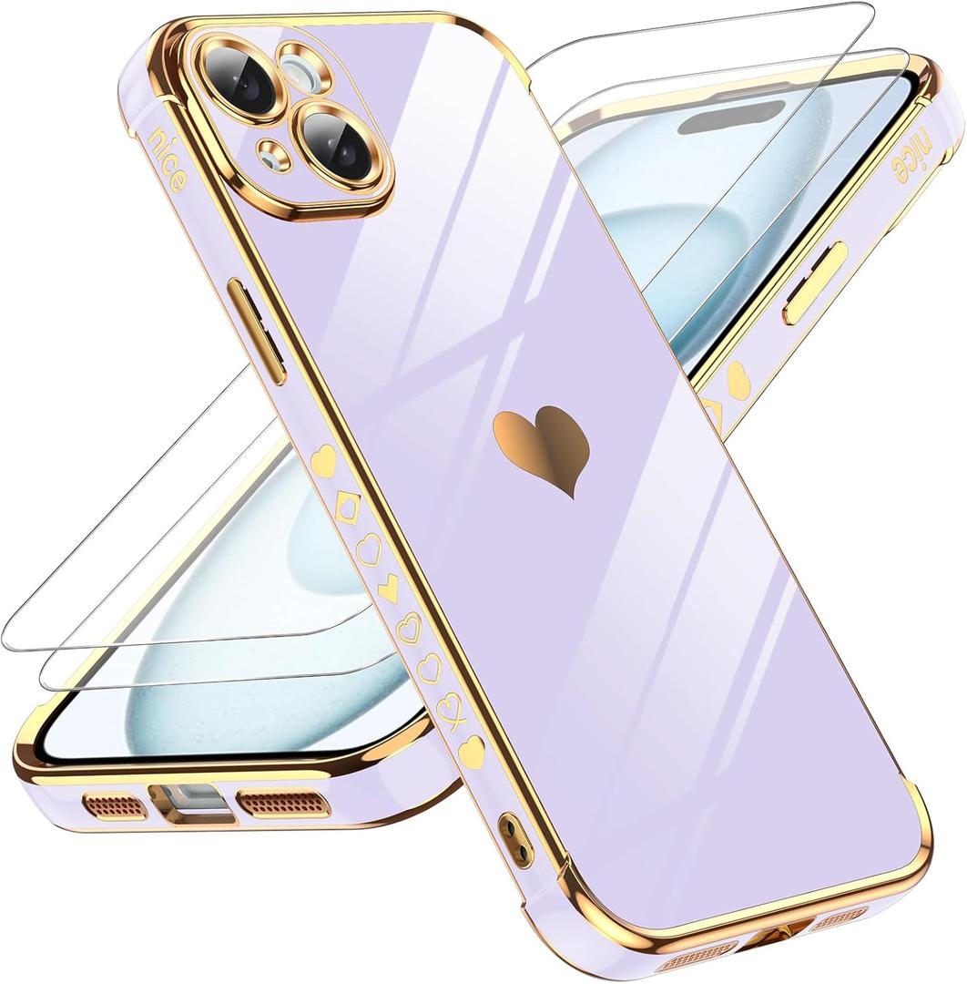 LeYi for iPhone 15 Plus Case: with Tempered Glass Screen Protector [2 Pcs]+ Full Camera Lens Protection,Love Heart Plating Girly Cute Luxury Soft TPU Shockproof Case for iPhone 15 Plus,Purple