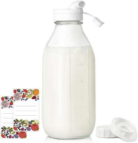 Syntic Square Liter Glass Milk Bottles with Airtight Lid - 100% Leak-Proof Heavy Duty Screw Cap, 32 Oz Glass Juice Bottles w Scale Mark, Reusable Jugs Pitcher for Homemade Juice(Extra 1 Lid and Pen)