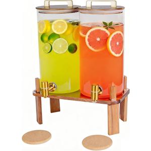 2 PACK 1.5 Gallon Glass Beverage Dispenser with Wooden Lid, Drink Dispenser with Wooden Stand, Lemonade Dispenser with Stainless Steel Leak-Proof Spigot for Parties, Weddings