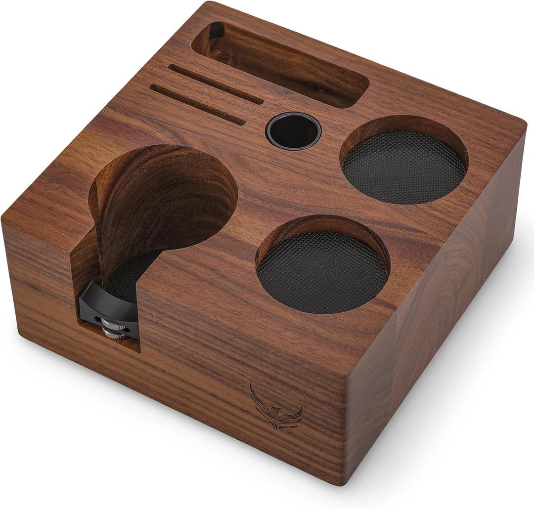 KNODOS 54mm Espresso Tamping Station V3 Walnut Portafilter Holder Espresso Organizer for Breville Machines with Tamper Holder, Distributor Slot, and Multi Accessory Storage