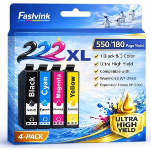 Remanufactured Replacement for Epson 222XL Ink Cartridges Combo Pack 222 Ink Cartridges Compatible with Epson XP-5200 Workforce WF-2960 Printer High Yield (Black Cyan Magenta Yellow 4 Pack)