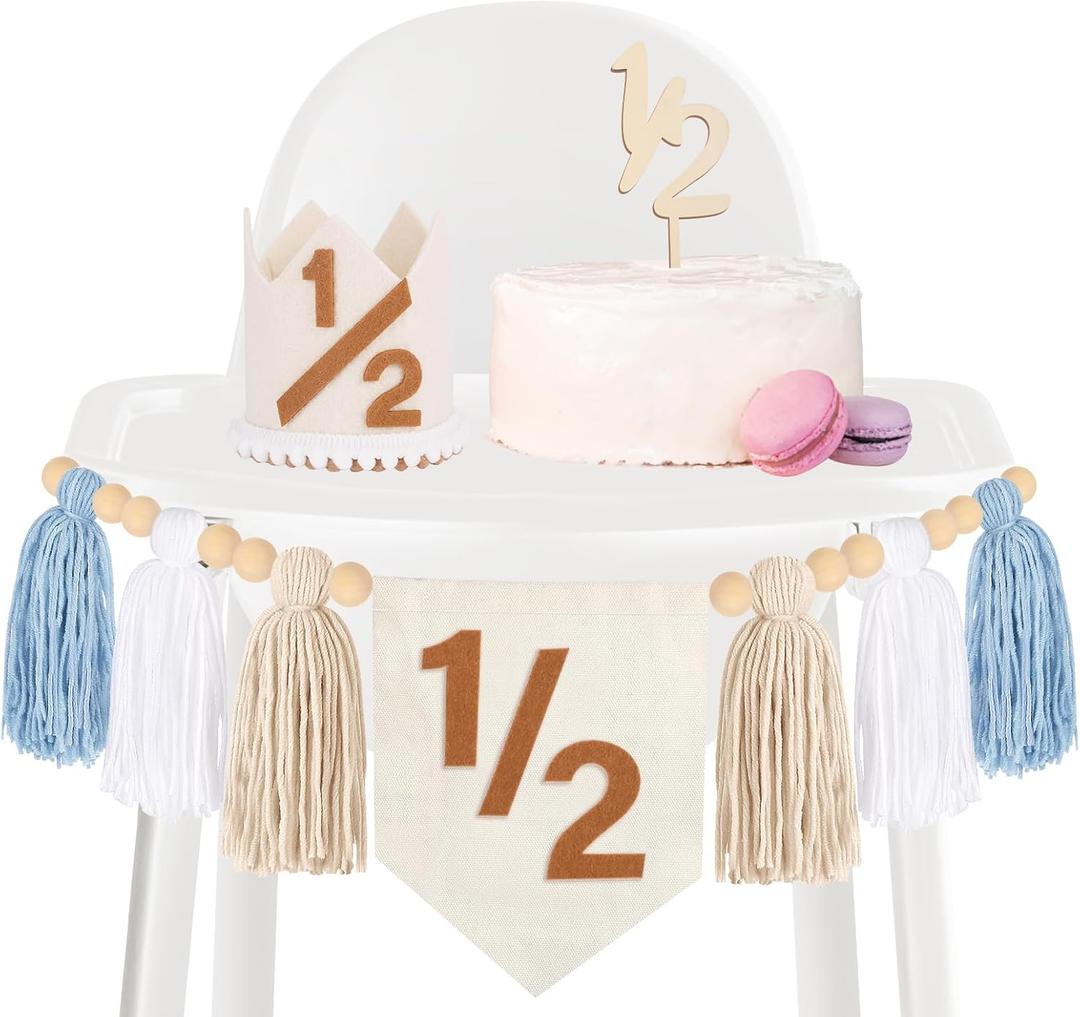 Baby Boy Half Birthday Decoration, High Chair Banner Hat Crown Cake Topper 1/2 Birthday Decor, Dokuna Half Way to One Baby Boy (Blue)