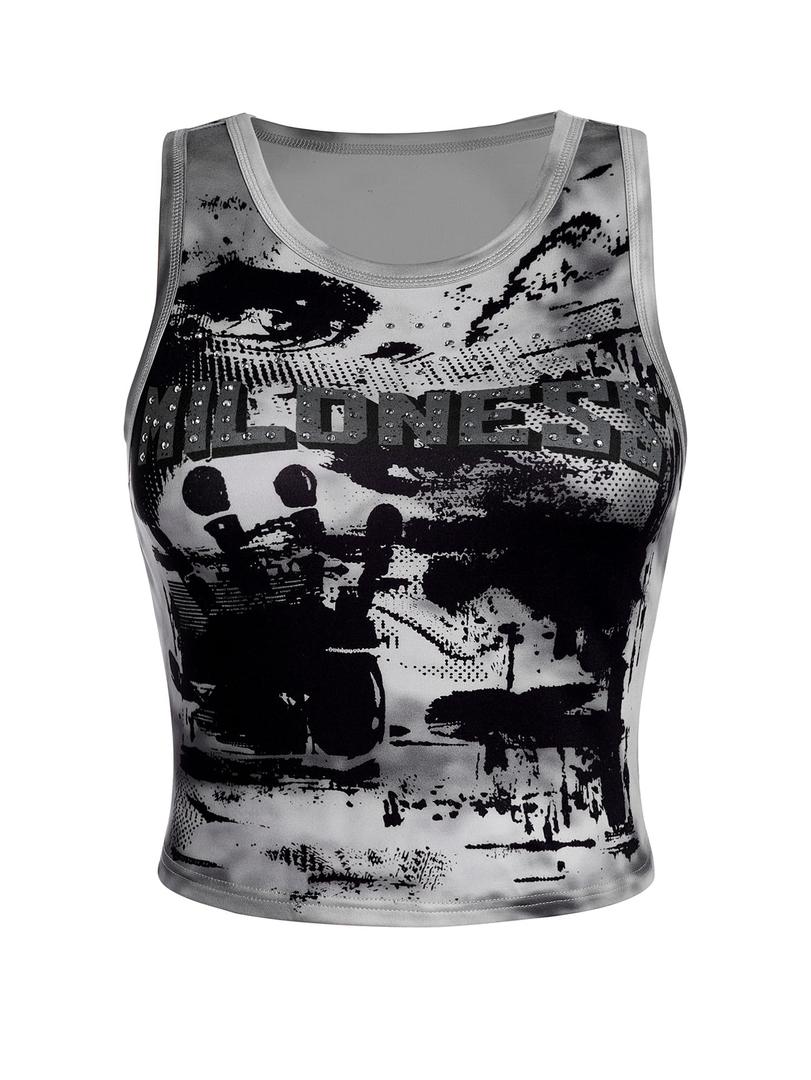 SOLY HUX Women's Y2k Letter Figure Print Crew Neck Tank Top Sleeveless Punk Vest Tops Multicolor Graphic Large (Gray, L)