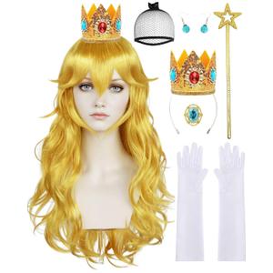 ANOGOL Hair Cap+ 28 Inch Princess Wig for Women Golden Long Wavy Wigs Peach Cosplay Wig Anime Synthetic Hair for Halloween Party Costume (1 Crown+ 1 Wand+ 2 Earrings+ 2 Gloves+ 1 Brooch)