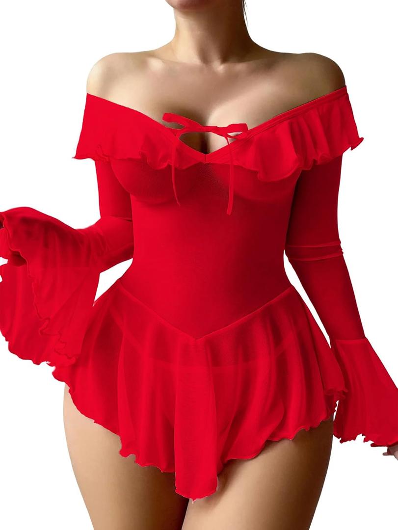Sexy Lingerie for Women Rave Outfits Clubwear See Through Lingerie Sets Bell Sleeve Ruffle Mesh Tops (XX-Large, Red)