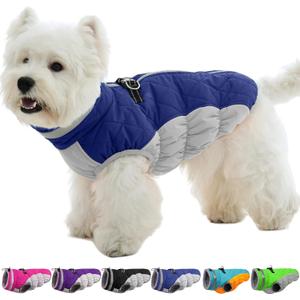 OUOBOB Small Dog Coat, Dog Jackets for Small Dogs, Warm Winter Jacket, Puppy Coat with Harness Built in, Waterproof Dogs Jacket, Puppy Cold Weather Coats, Pet Winter Clothes Snowsuit Shih Tzu Bichon, Blue