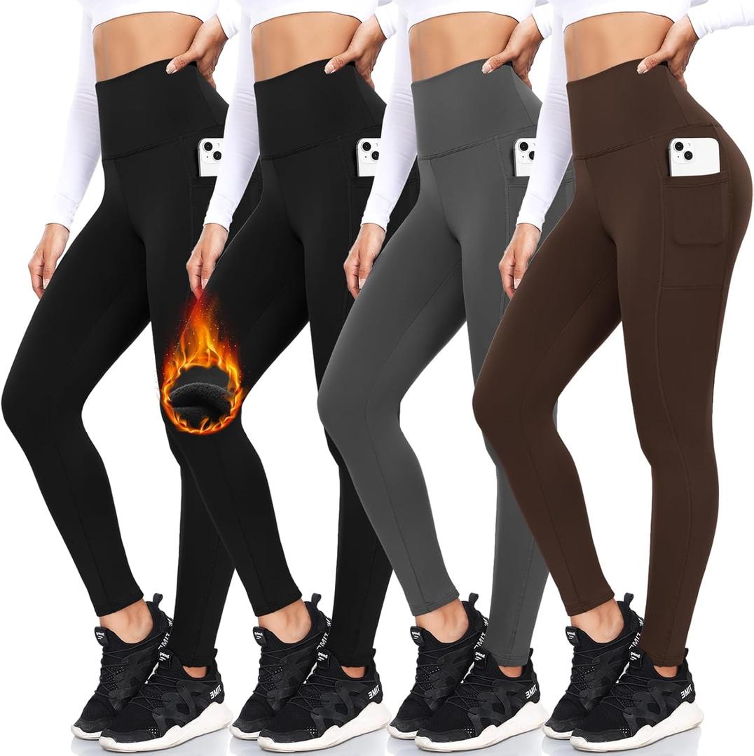 FULLSOFT 4 Pack Fleece Lined Leggings with Pockets for Women High Waisted Thermal Winter Warm Yoga Pants for Workout Running (Large-X-Large, Black,black,gray,brown(4 Pack))