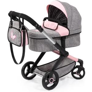 Bayer: Pram Xeo: Butterfly Grey & Pink - Matching Handbag, Adjustable Handle, for Dolls Up to 20", Ages 3+ | Dress Up