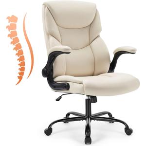 Sweetcrispy Ergonomic Office Chair Heavy Duty Task Desk Chair with Flip-up Arms, PU Leather, Adjustable Swivel Rolling Chair with Wheels, Beige