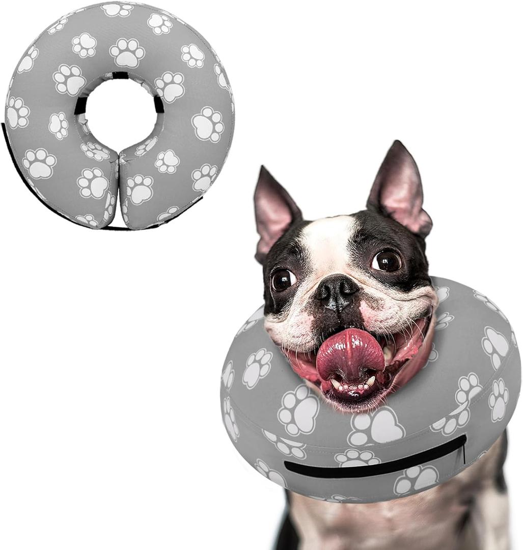 Supet Inflatable Dog Cone Collar Alternative After Surgery, Doggie Neck Donut Collar Recovery ECollar for Post Surgery, Soft Dog Cone for Small Medium Puppies Cats (S(Neck 7"-9.5"), T Paw Grey)