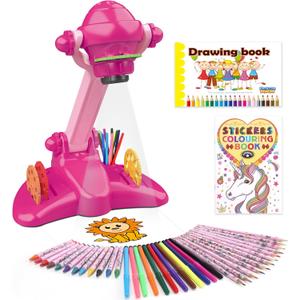 Sumsoltic Drawing Projector for Kids, Art and Craft Kit,Including Colored Pencils, Crayons, Coloring Books, Toys for 3+ Year Old Girls (Pink Drawing Kit v2)