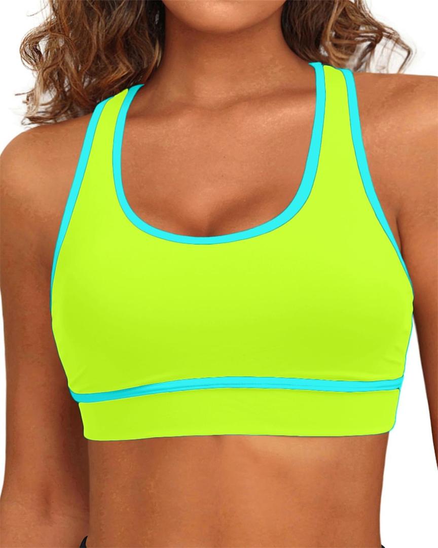 Holipick Women's Sports Bra Bikini Tops Racerback Swim Top Scoop Neck Bathing Suits Top Modest Padded Crop Tops Swimsuit Only (Medium, Neon Yellow-green)