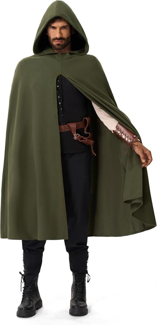 Spooktacular Creations Halloween Renaissance Cloak Costume Men, Green Medieval Hooded Cape Vintage Capelet for Themed Parties (Green, XL)