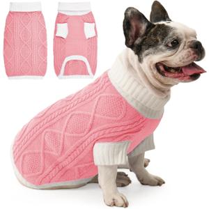 Dog Sweater for Medium Dogs Argyle Cable Knit Turtleneck Pullover Winter Clothes for Boys Girls Stretch French Bulldog Dachshund Corgi Pug Beagle Christmas Pet (M, Pink)