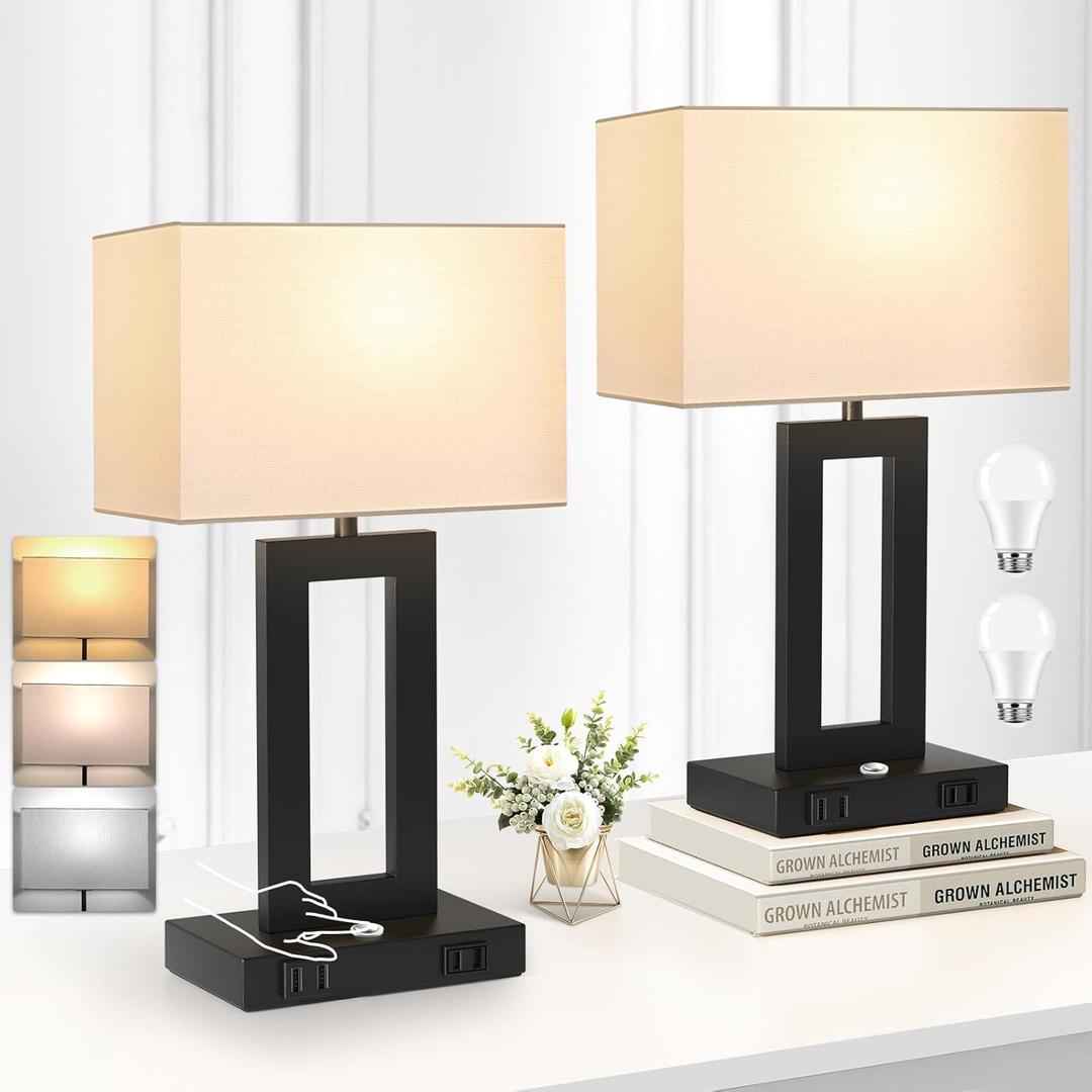 Set of 2 Table Lamps for Bedrooms, 3-Color Temperatures Touch Control Bedside Lamps with 2 USB Ports&AC Outlet, Stepless Dimmable Living Room Lamps for Nightstand, Bulbs Included, White&Black (Medium)