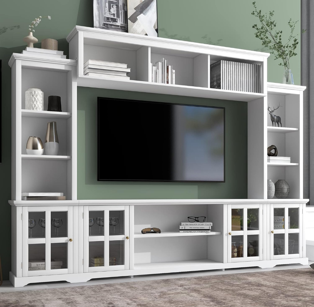 Merax Minimalism Style Entertainment Wall Unit with Bridge, Multifunctional TV Stand with Tempered Glass Door, Modern Console Table for Televisions Up to 70”, Black