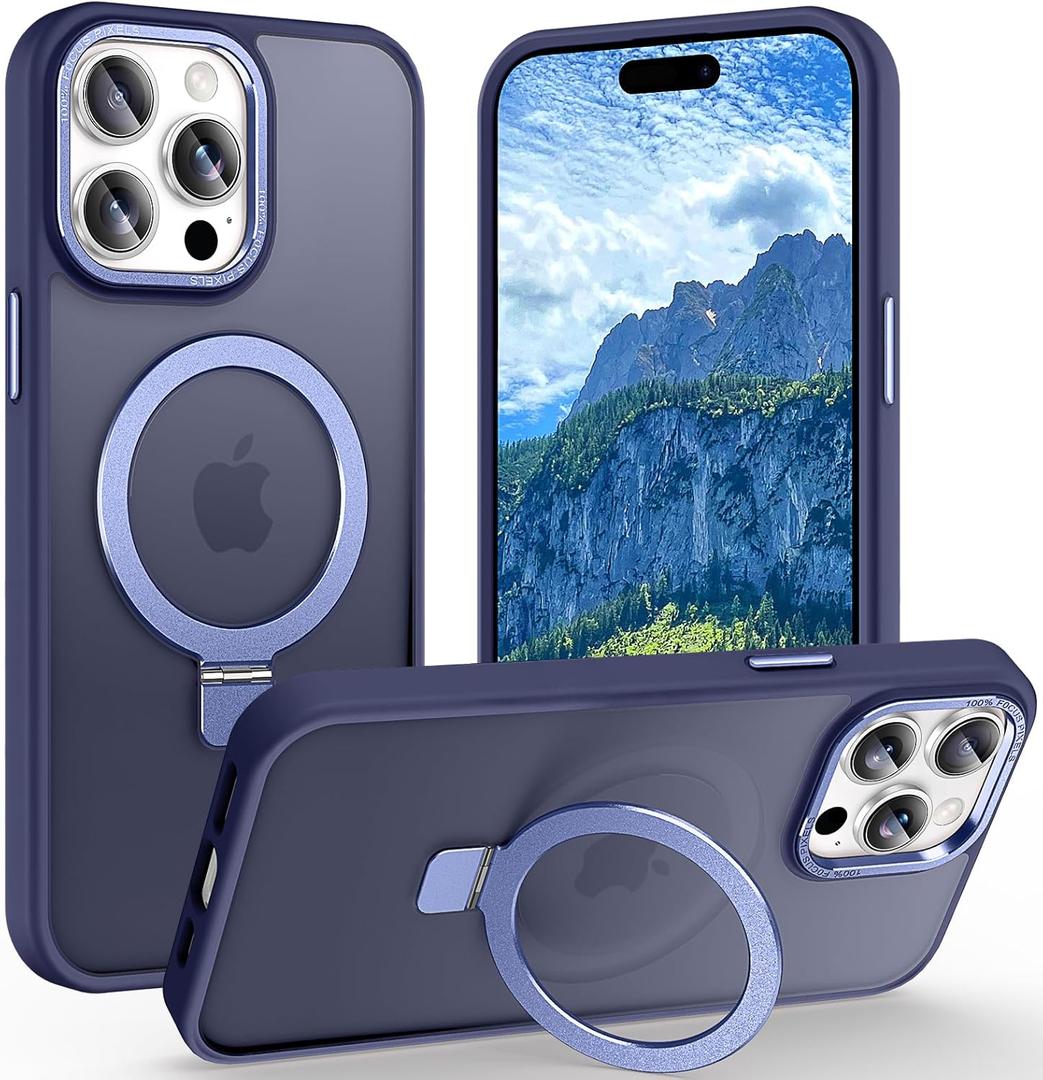 Magnetic for iPhone 14 Pro Case with Ring Stand, [10 FT Drop Protection] [Velvety Touch] Slim Translucent Matte Back Shockproof Phone Case for iPhone 14 Pro 6.1'', Blue