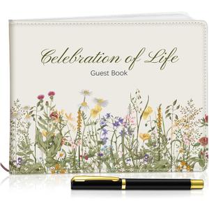 Patelai Funeral Guest Book with Pen Memorial Service Celebration of Life Sign in Book for Funeral Leather Cardinal in Loving Memorial Gift, 112 Pages (Vintage Wildflower)