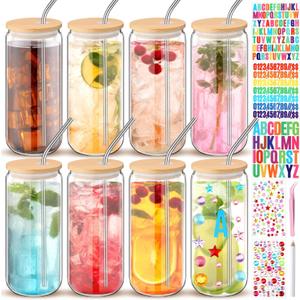 8 Pcs 20 oz Plastic Cups with Lids and Straws Acrylic Mason Jars with Bamboo Lids Mason Jar tumblers with Sticker and Diamond for DIY Decorate Mugs Drinking for Water Beverage Beer(Clear)