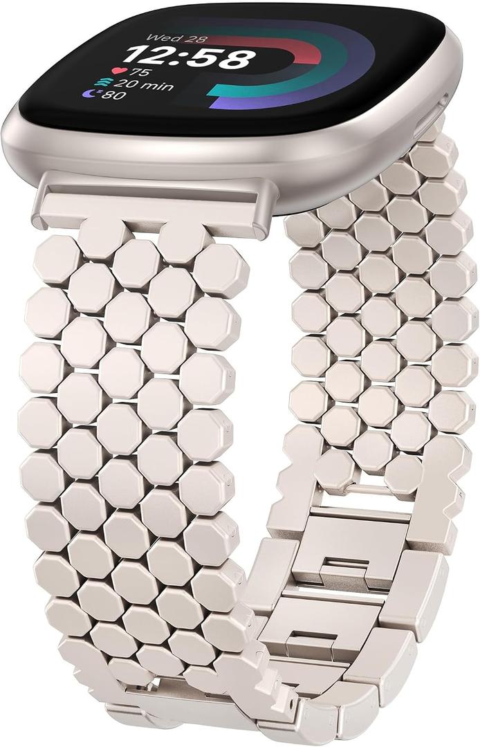 Minyee Metal Bands Compatible with Fitbit Sense 2/Versa 4/Versa 3/Sense Bands Women, Dressy Stainless Steel Chain Honeycomb Designer Luxury Chic Link Bracelet Wristband Replacement Strap for Versa 4