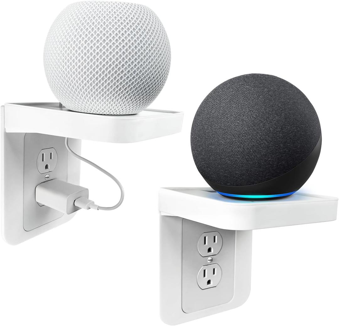 White Wall Outlet Shelf with Cord Storage - Standard Vertical Duplex Organizer for Bathroom Decor, Smart Home, Power Tools, Toothbrush (2 Pack)