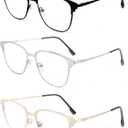 MMOWW 3 Pack Square Blue Light Blocking Reading Glasses Metal Frame Spring Hinges Computer Readers for Men Women (Black/Gold/Silver)