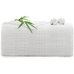 Cooling Cotton Waffle Blanket Queen Size for Bed - Lightweight Breathable Throw Blankets of 50% Rayon Derived from Bamboo for Hot Sleepers, Soft Summer Blanket, White, 90"x90"