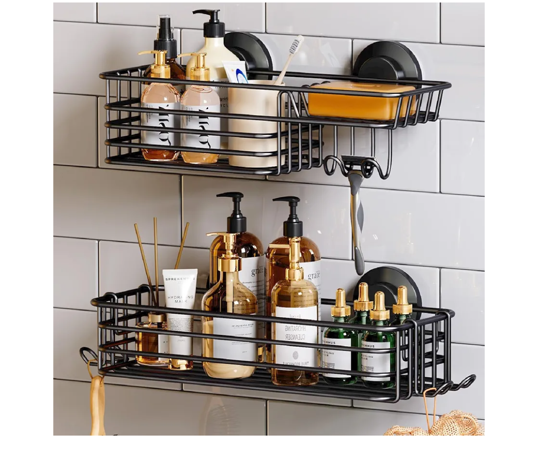 TAILI Shower Caddy Suction Cup 2 Pack with Hooks & Soap holder, Heavy Duty Shower Organizer for Bathroom, No Drilling Bathroom Organizer with Large Capacity, Black Metal Storage Basket
