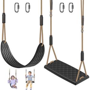 SELEWARE Heavy Duty Swing Seats for Kids & Adults, Non‑Slip Flat Plastic & U‑Style EVA Tree Swing Seat Replacement with Adjustable Ropes, Outdoor Playground Swingset Accessories, Black