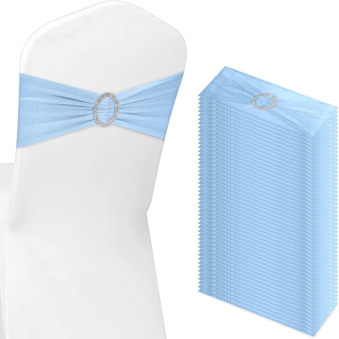 Tegeme 80 Pieces Chair Sashes & Bows - Stretch Spandex Chair Cover Band with Buckle for Wedding, Hotel Banquet, Birthday Party & Home Bulk Decorations(Blue)