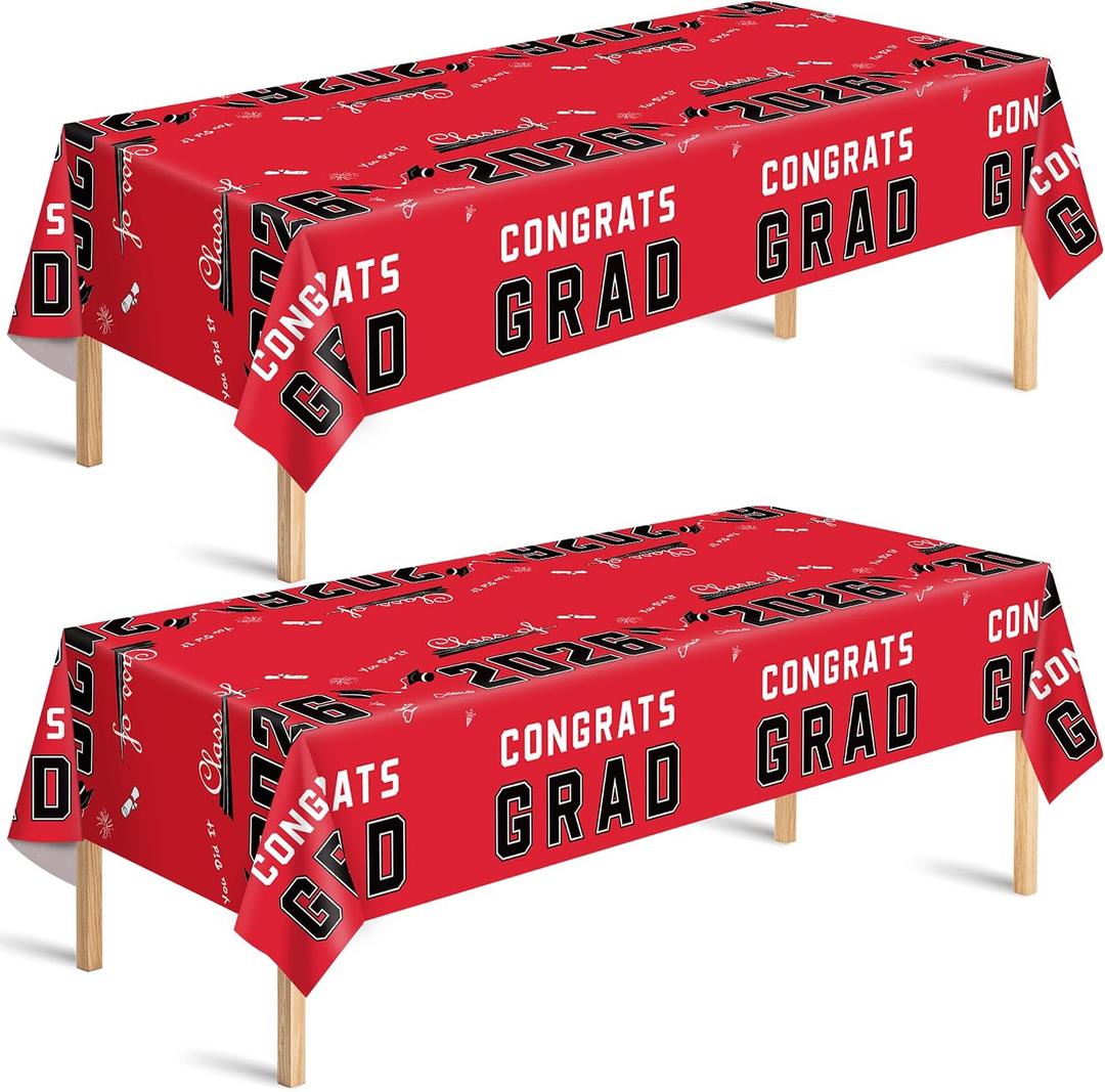 3 x OHOME Graduation Party Decorations 2026 - Plastic Red Tablecloth for Graduation Decorations Class of 2026 - Party Favors Supplies Banner,2 Pack