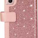 EYZUTAK Wallet Case for Samsung Galaxy S21 FE, Magnetic Handbag Zipper Pocket PU Leather Flip with 9 Card Slots and Wrist Strap Folio TPU Inner Stand Case - Rose Gold