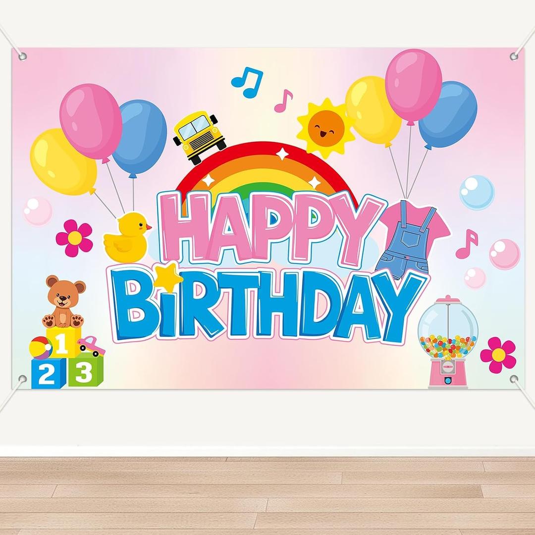 Cartoon Girls Happy Birthday Backdrop English Teacher Birthday Party Decorations Cartoon Teacher Themed Party Supplies Rainbow Denim Overalls Theme Backdrop for Girls Photo Booth Props Classroom Decor