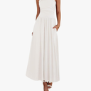 BTFBM Summer Maxi Dresses for Women 2025 Strapless Ruched Tube Top Flowy Beach Vacation Wedding Guest Dress Pockets S