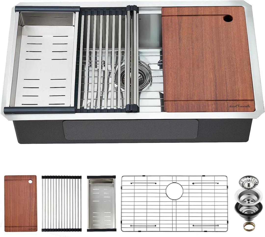 Undermount Kitchen Sink, 33 x 19 x 10 Inch Sink Kitchen 16 Gauge Stainless Steel Kitchen Sinks Single Bowl Workstation Sink with Cutting Board