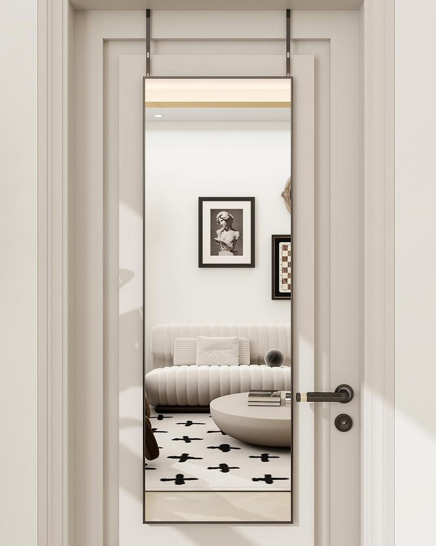 BEAUTYPEAK 14" x 48" Adjustable Height Over The Door Mirror, Rectangular Full Length Hanging Door Mirror with Shatterproof Tempered Glass Aluminum Alloy Frame for Dormitory, Black