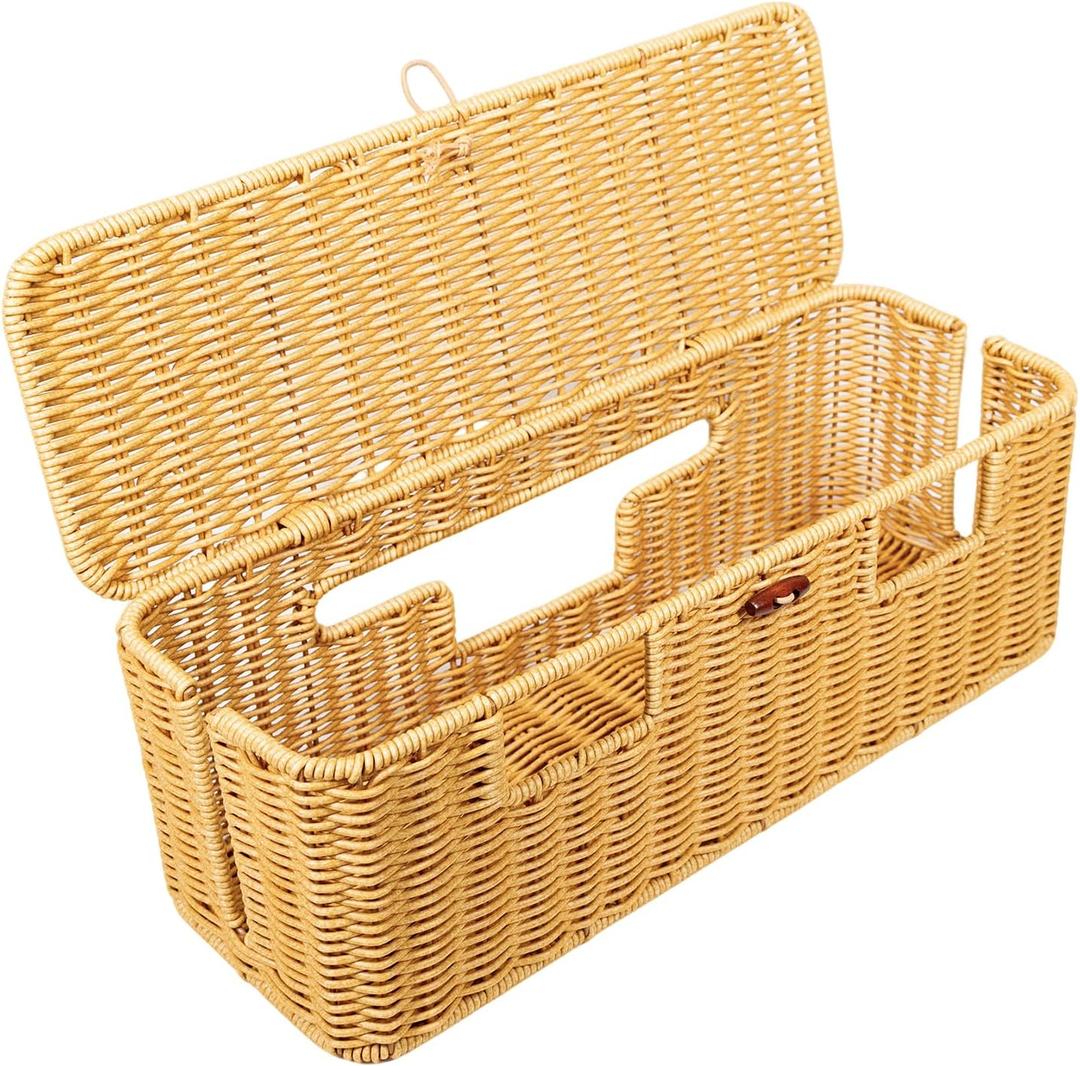 Longer Cable Management Box, 16In Handwoven Cord Management Box with 5 Slots, Floor Cord Hider Boxes for Power Strip and Wire, Cable Organizer Boxes with Lid for Desk, Floor, Office, Living Room (Rectangle, Natural)