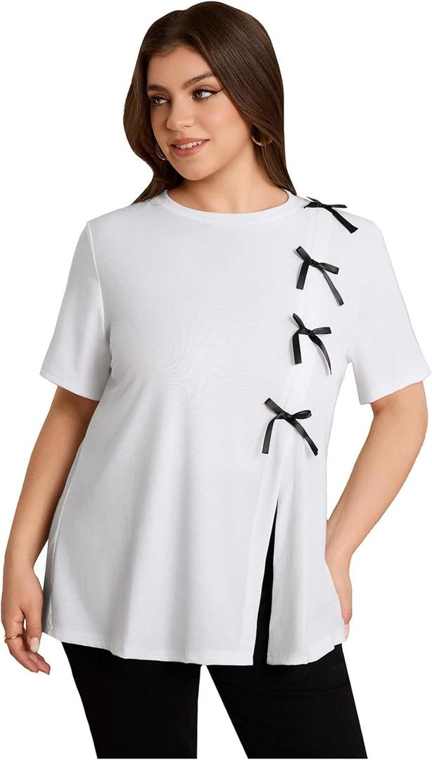 Women's Plus Size Tops Bowknot Split T Shirts Short Sleeve Crewneck Elegant Summer Tee Top (XX-Large Plus)