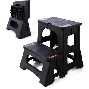 Folding 2-Step Stool - Upgraded Stable A-Frame, Safety Lock, Anti-Slip Rubber Feet, 300lb Capacity, No Assembly - 8" 17" Step Stools for Kitchen, Bathroom, Bed, RV, Home, Office (Black)