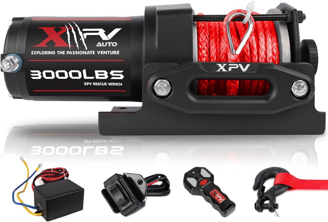 XPV AUTO 3000 lb 12V DC Electric Winch, Off Road Waterproof Winch for UTV ATV Boat with Both Wireless Handheld Remote and Corded Control Recovery Winch Synthetic Rope (black)