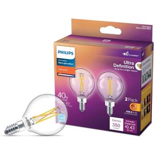 PHILIPS LED 40W G16.5 E12 Base 2-Pack Ultra Definition Soft White (2700K) 350 Lumen (3.5W=40W) Clear Flicker Free Light Bulbs