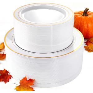I00000 102 Pieces Gold Plastic Plates, Disposable Party Plates White Gold Rim, 51 Disposable Gold Dinner Plates 10.25 Inch and 51 Disposable Dessert Appetizer Elegant Fancy Wedding Plates 7.5 Inch