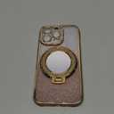 Mirror Kickstand Glitter Diamond Case for iPhone 15 14 13 12 Pro Max, Magnetic Stand Holder, Camera Lens Protector Compatible with Magsafe, Rhinesetone Bing Cover Case (Gold, for iPhone 13 Pro)