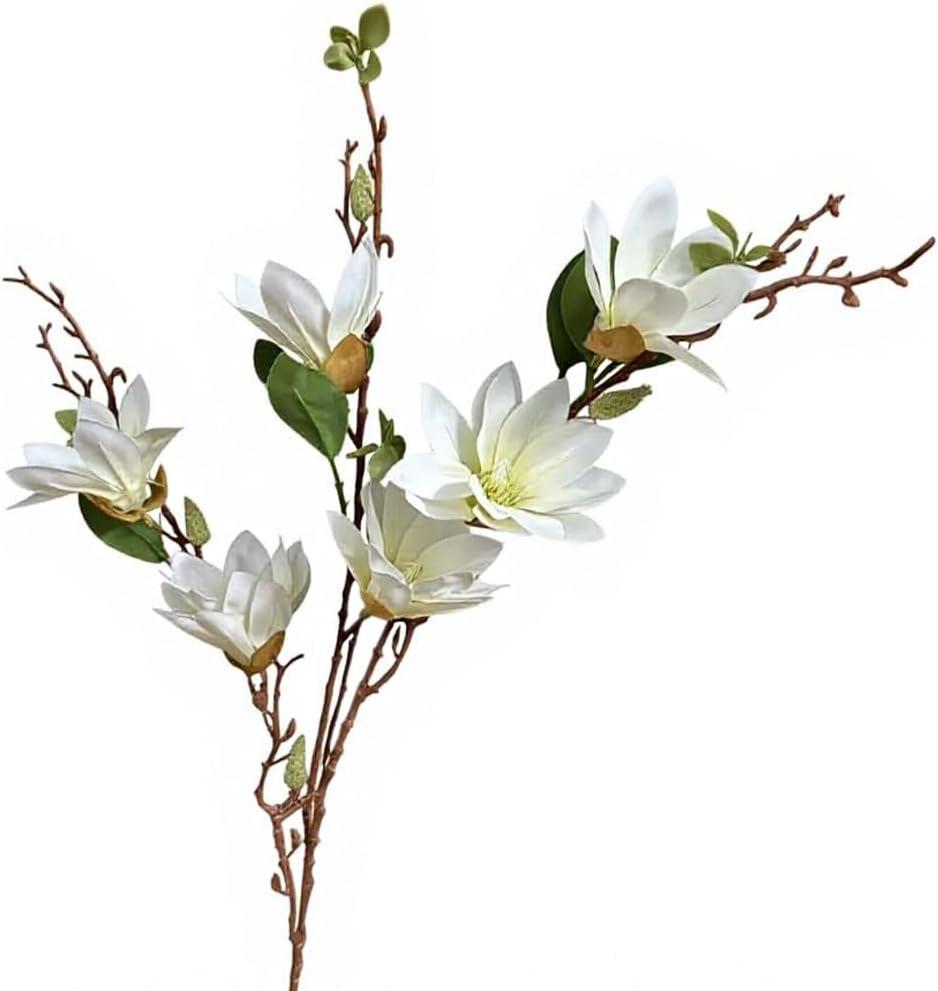 Artificial White Magnolia Flower Branch Fake Lifelike Magnolia Stem Flowers for Wedding Centerpieces Home Indoor Outdoor Floral Arrangement Decration (White)