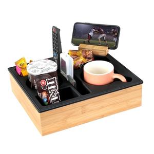 Couch Cup Holder Tray, Hitseon Silicone Bamboo Couch Caddy with Rotatable Phone Holder for Bed Car Seat Organizer, Waterproof Anti-Spill Couch Drink Holder for Snacks Beverage Remote (Black)