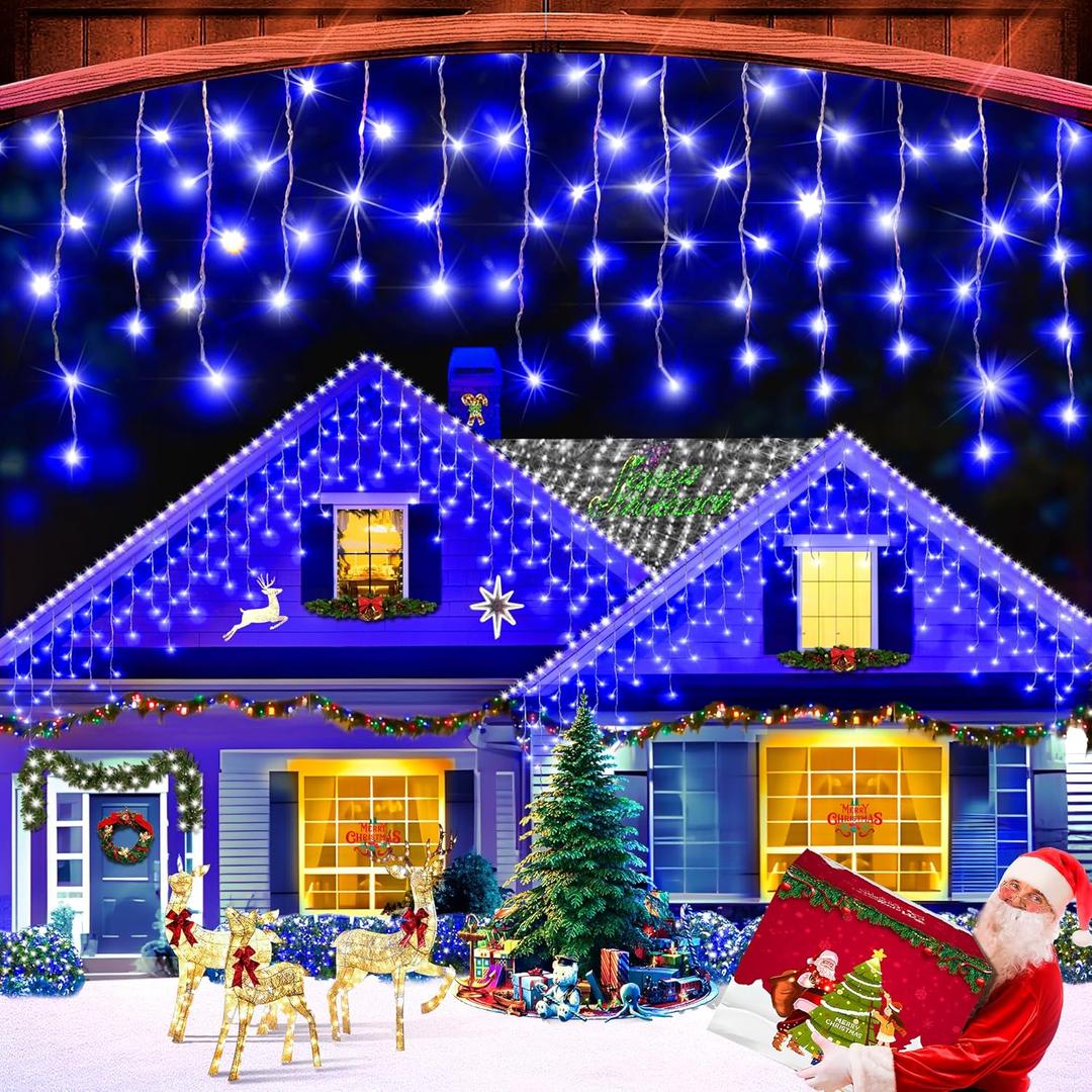 XURISEN 66ft Christmas Lights Decorations Outdoor, 640 LED 8 Modes Curtain Fairy Lights with 120 Drops, Plug in Waterproof Timer Memory Function for Christmas Holiday Wedding Party Decor (Blue)