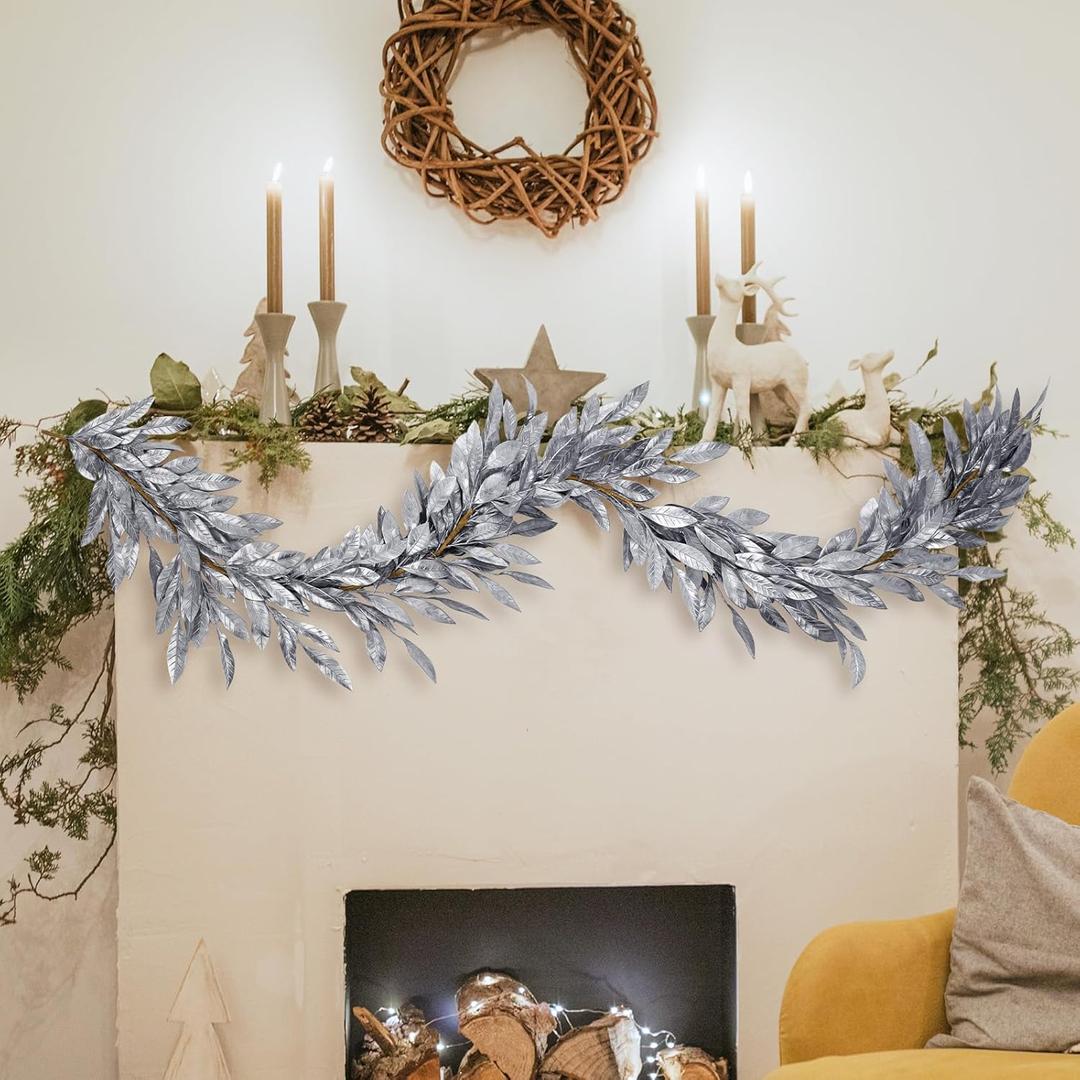 Jutom 6 Ft Silver Christmas Bay Leaf Garland Decoration Gold Bayleaf Garland for Christmas Fireplace Front Door Stairs Decoration Xmas Holiday Winter Engagement Birthday Wedding Supplies