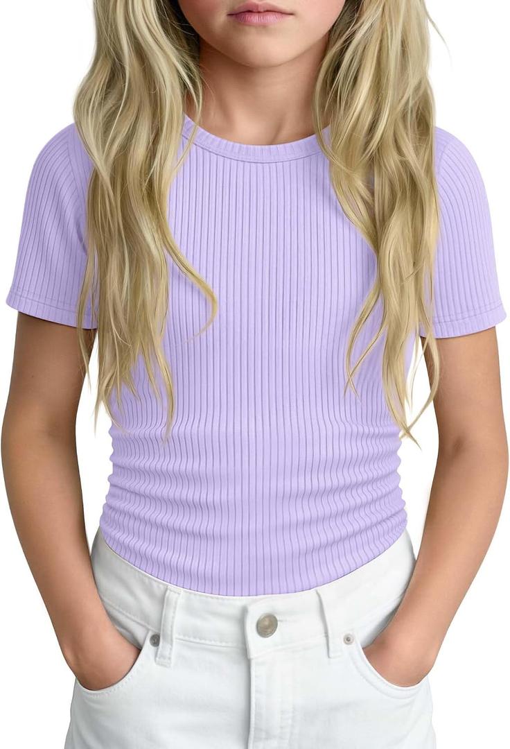 Girls' Shirt Short Sleeve Basic Top Tween Summer Ribbed T-Shirt Teen Cute Fitted Soft Tee for Kids Aged 5-14